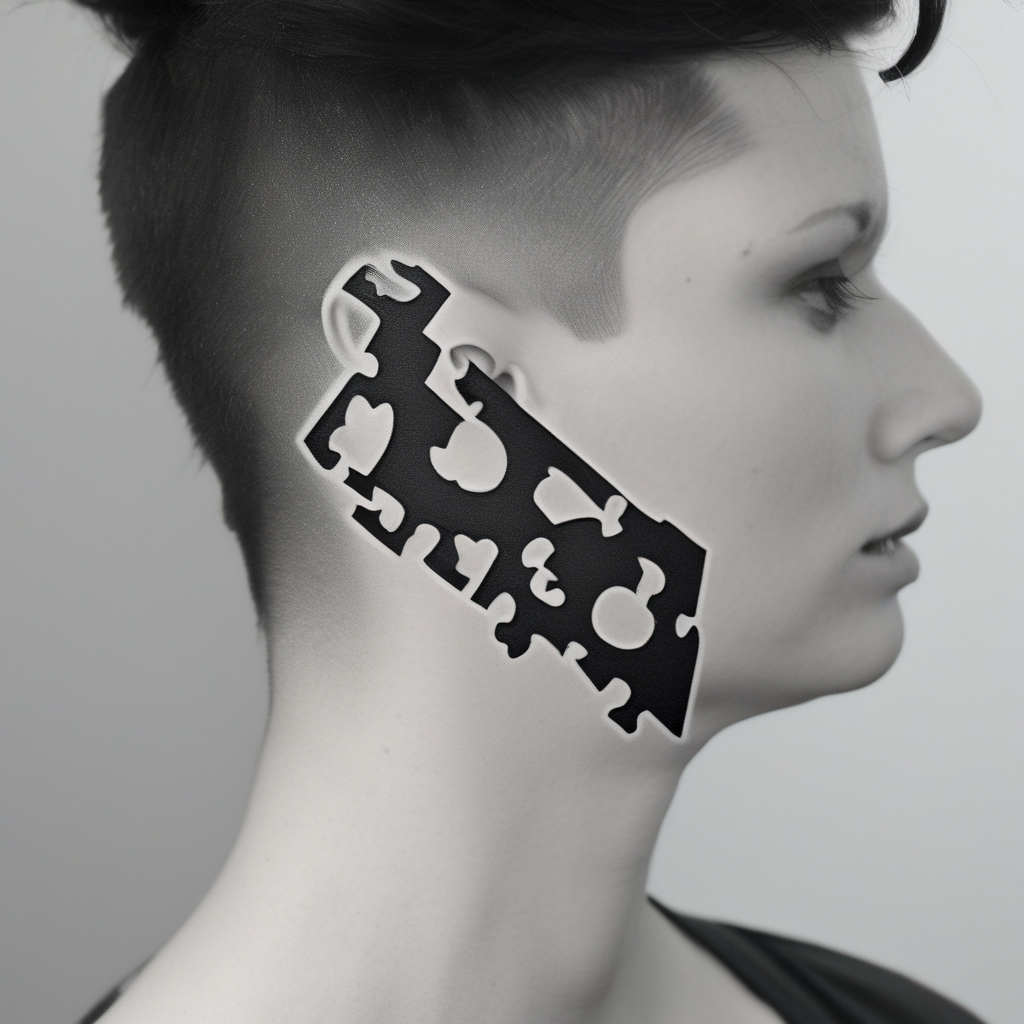 side of the neck puzzle piece tattoo where one of the pieces says Rella glitter tattoo, diseño de tatuaje Blanco y negro generado con IA
